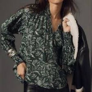 Anthropologie Green Floral Blouse Small